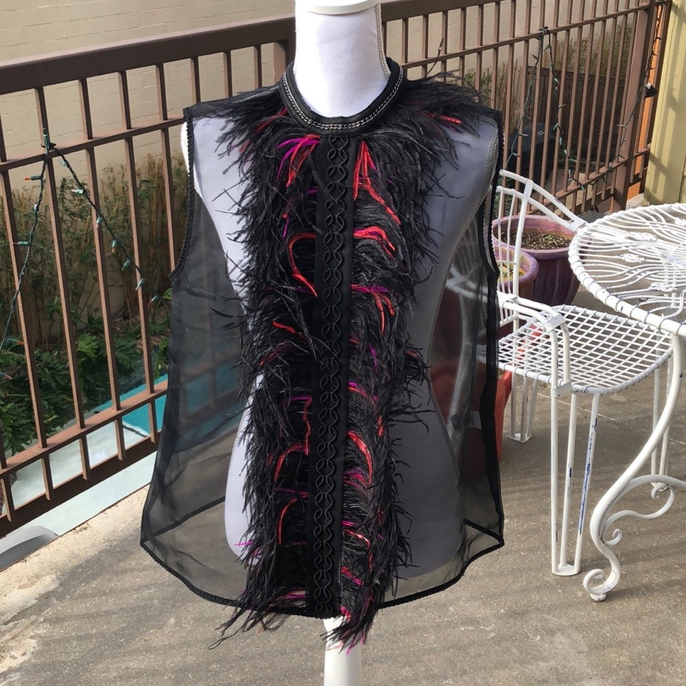 Elie Tahari black mesh feathered top